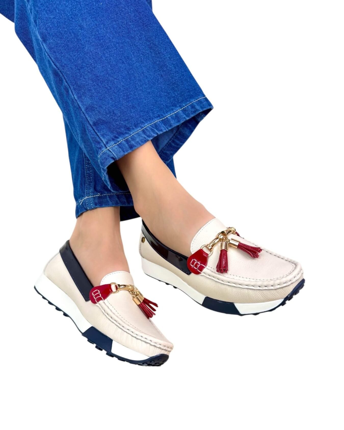 Mocasin Georgina Beige Azul Rojo