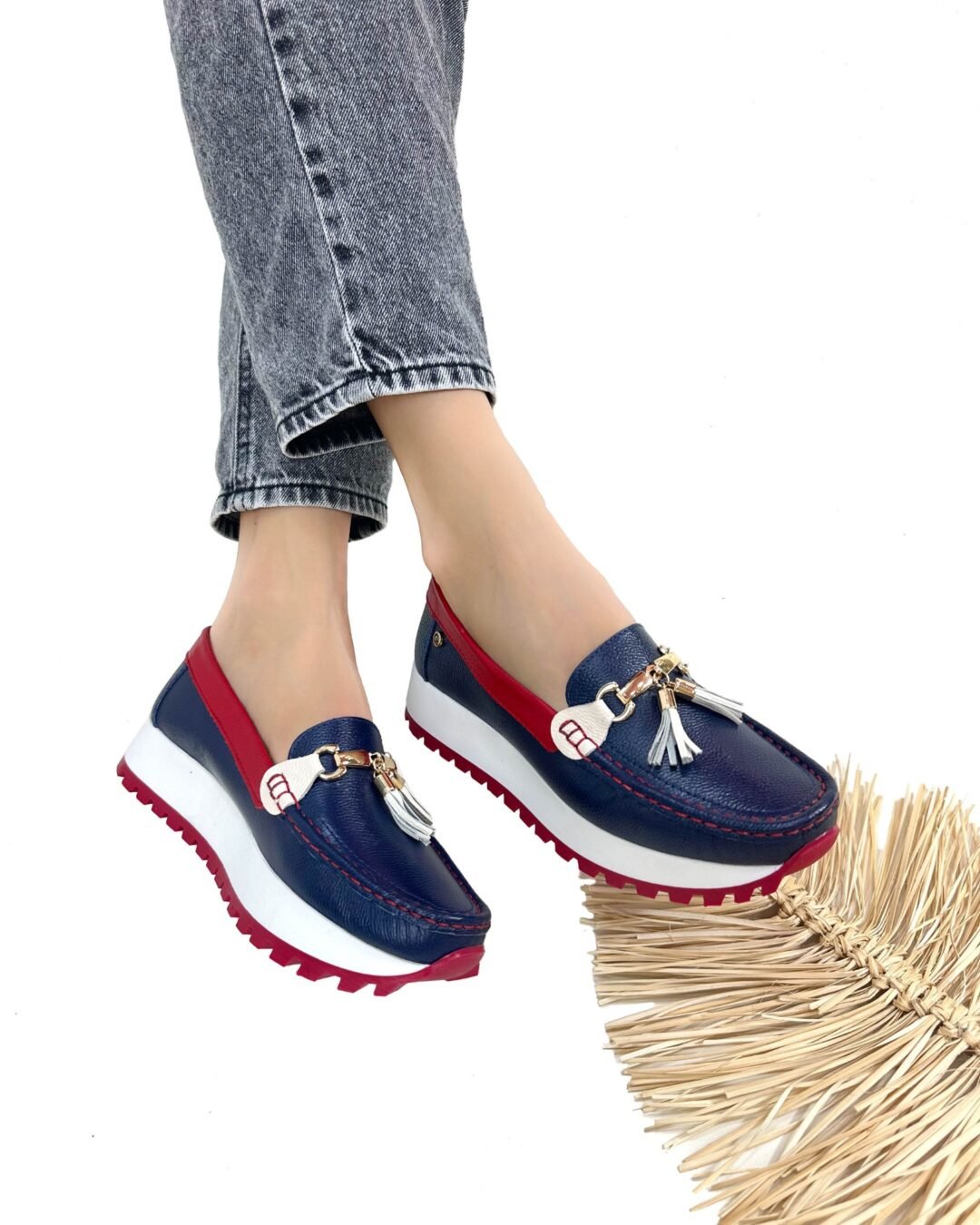Mocasin Camila Azul oscuro x Rojo
