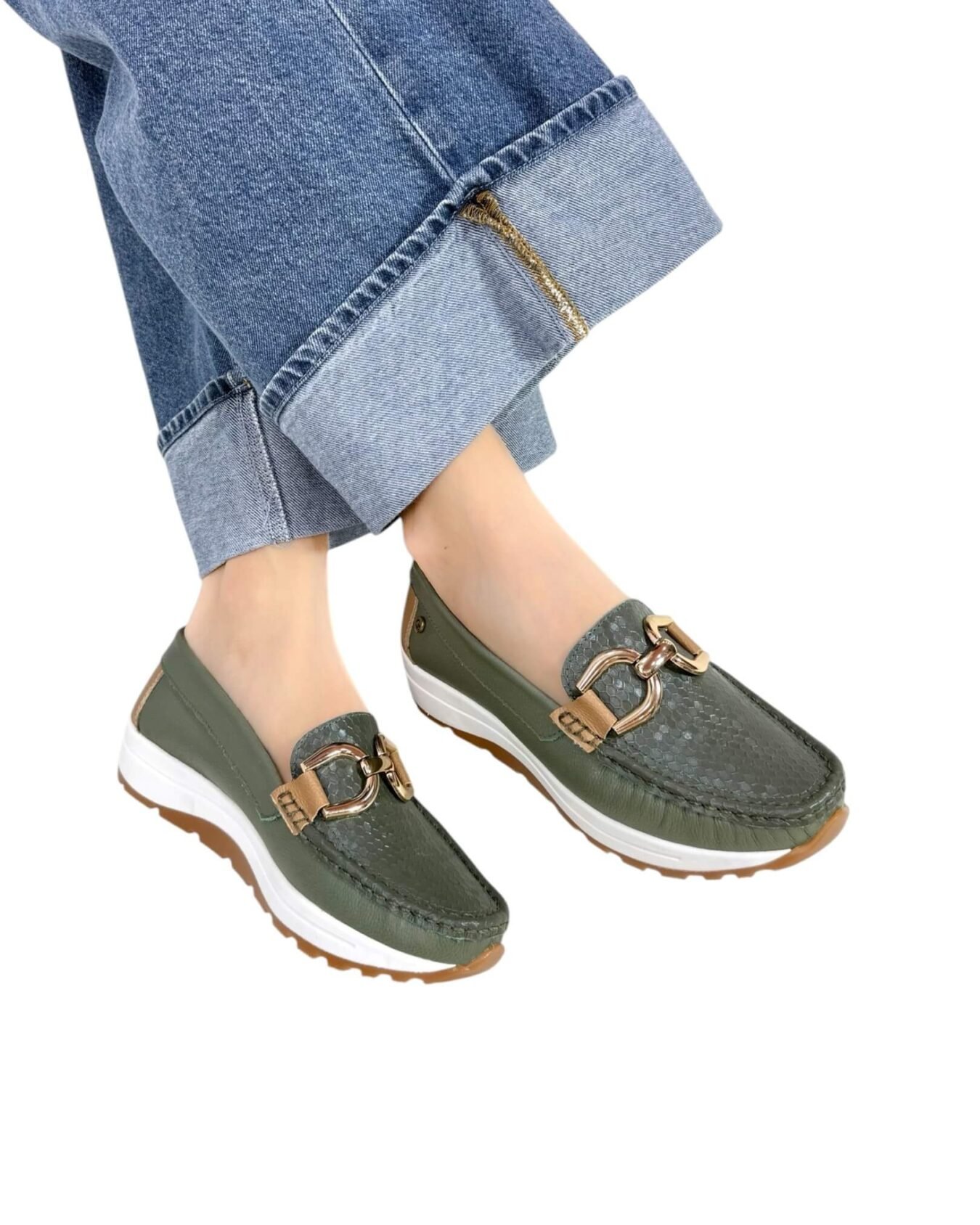 Mocasin Antonella Verde Aceituna x Camel
