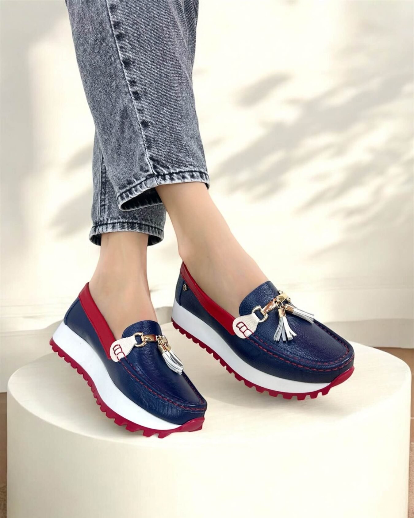 Mocasin Camila Azul oscuro x Rojo