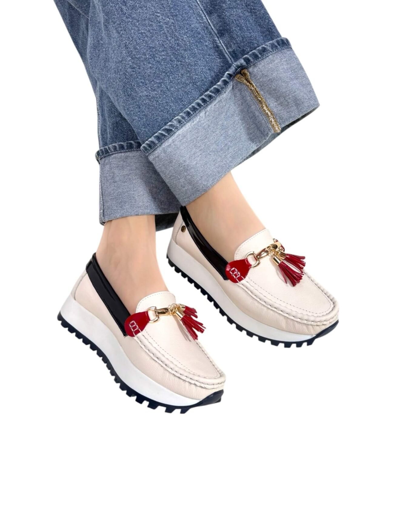 Mocasin Camila Beige Azul Rojo