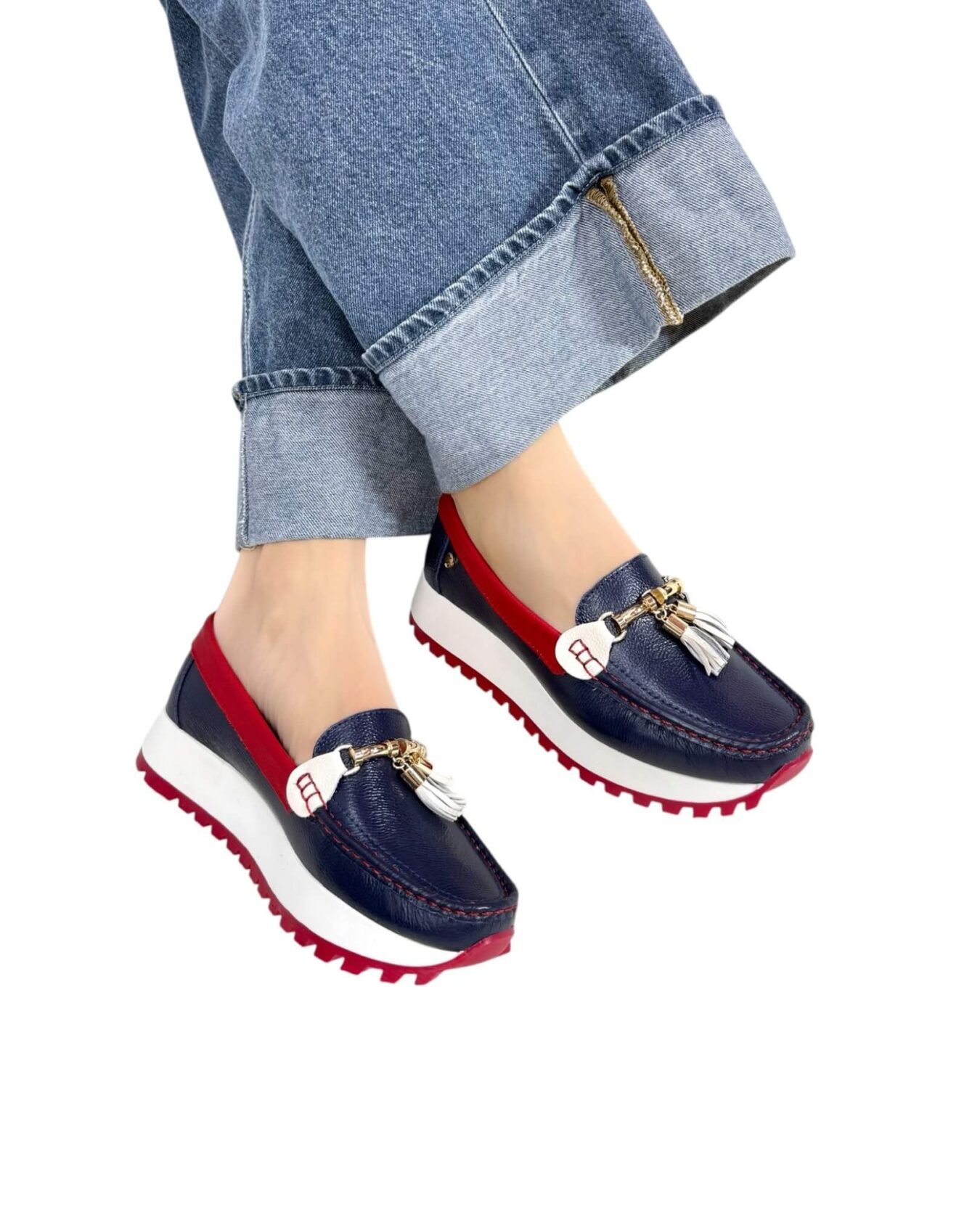 Mocasin Camila Azul oscuro x Rojo