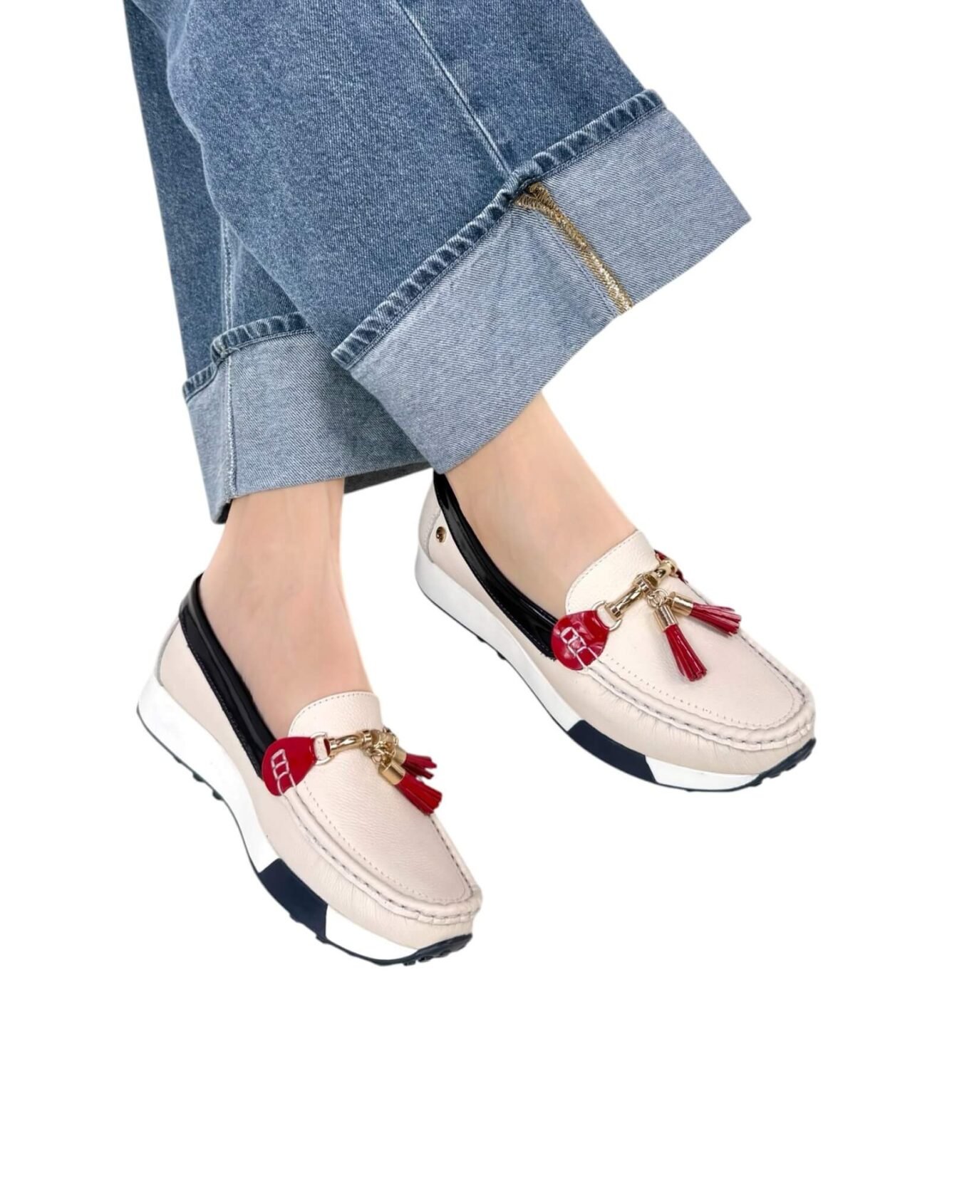 Mocasin Georgina Beige Azul Rojo